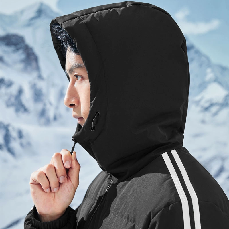 鸿星尔克 防泼水系列 城市户外条纹连帽羽绒服外套 男女同款 正黑