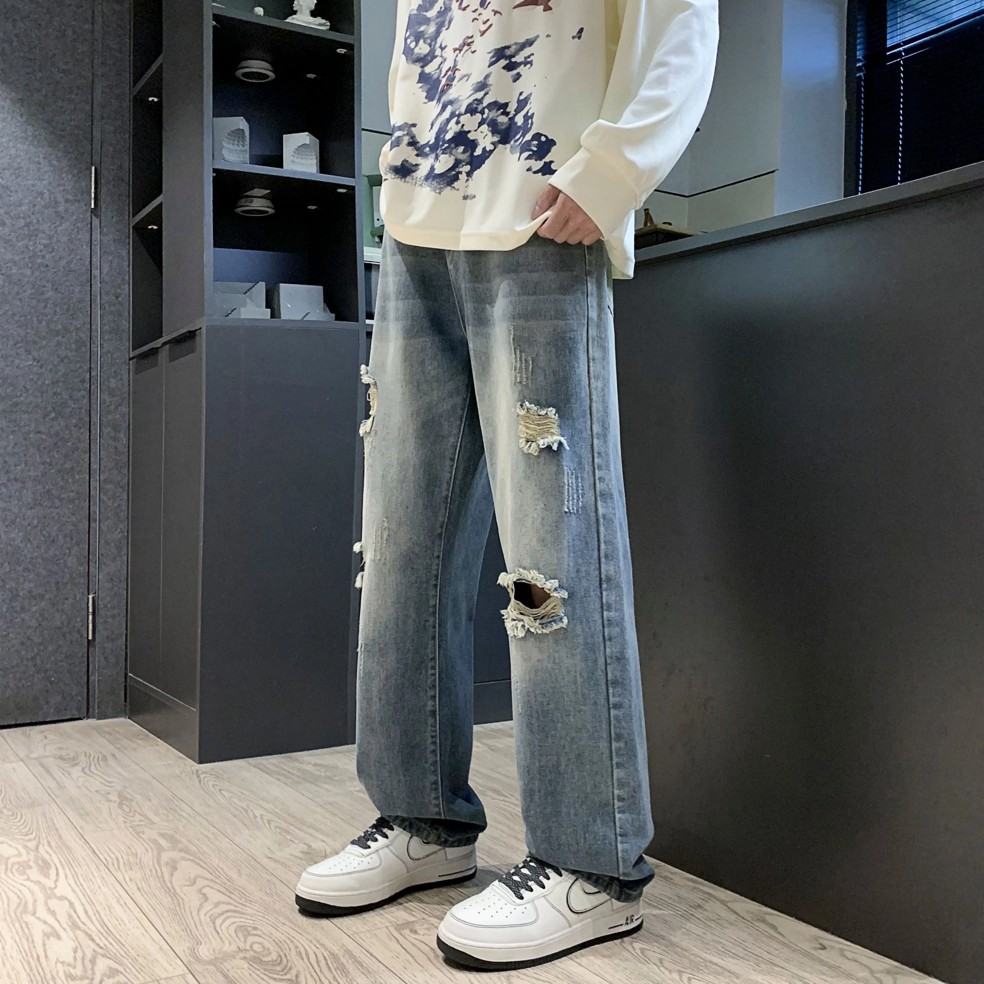 宝米卡 破洞宽松直筒休闲痞帅阔腿拖地长裤牛仔裤 男女同款