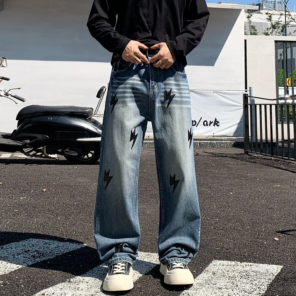 宝米卡 美式高街闪电渐变色潮牌宽松直筒阔腿休闲百搭长裤子牛仔裤 男女同款