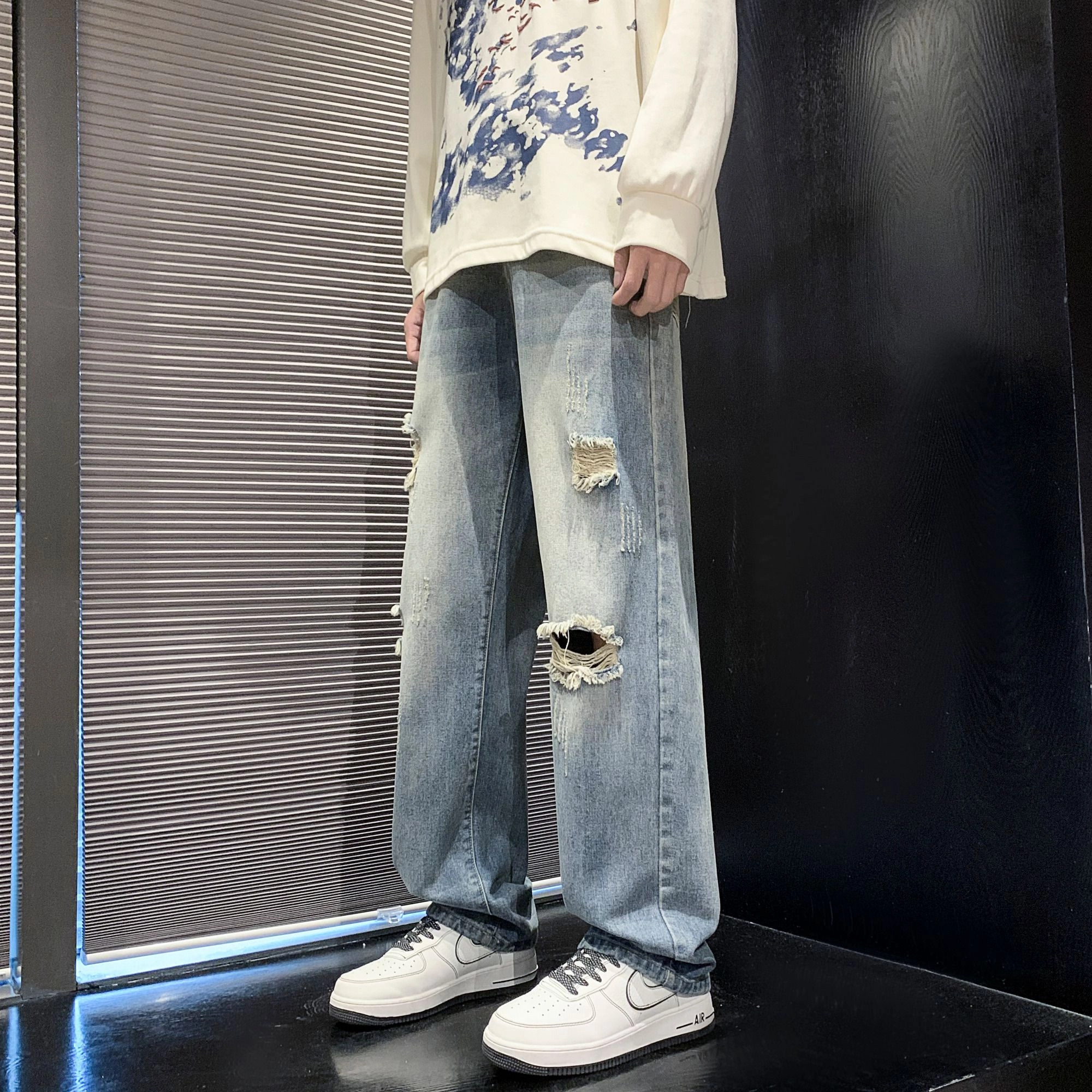 宝米卡 破洞宽松直筒休闲痞帅阔腿拖地长裤牛仔裤 男女同款