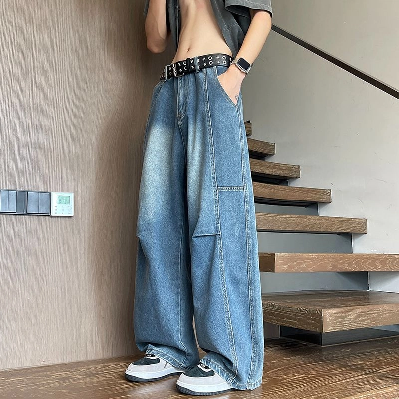 宝米卡 美式廓形复古宽松水洗做旧休闲直筒褶皱弯刀阔腿裤牛仔裤 男女同款