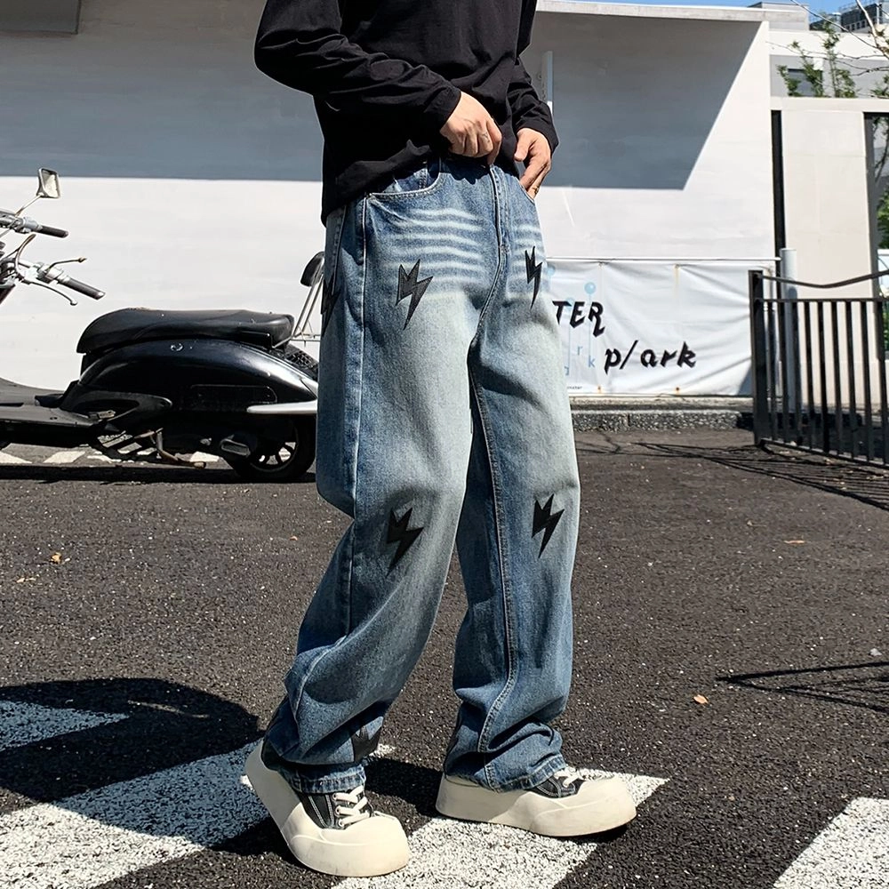 宝米卡 美式高街闪电渐变色潮牌宽松直筒阔腿休闲百搭长裤子牛仔裤 男女同款