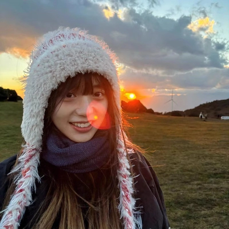 佩洛依 帽帽咪呀条纹拼接秋冬保暖民族风挂绳加绒大帽檐加厚 涤纶 绒线帽 男女同款情侣款