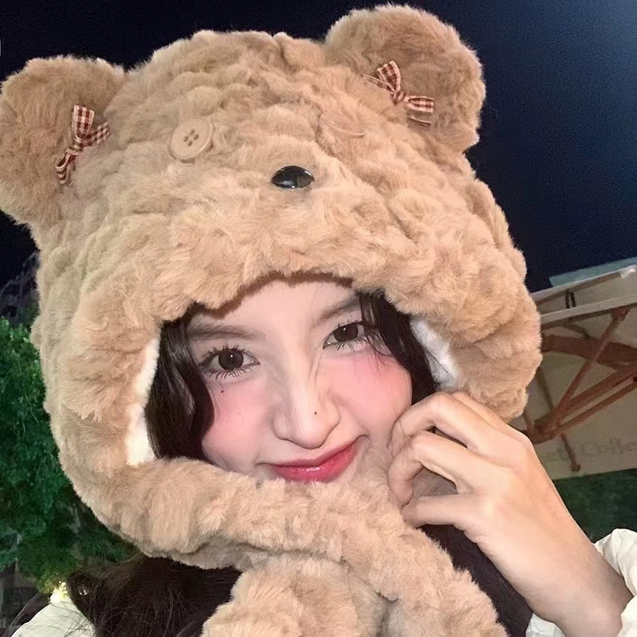 【小熊模拟器】 佩洛依 降温围脖一体蝴蝶结可爱甜美保暖时尚 聚酯纤维 绒线帽 男女同款情侣款