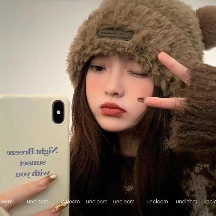 佩洛依 大头围软糯显脸小可爱小熊耳朵保暖护耳帽 涤纶 绒线帽 男女同款情侣款