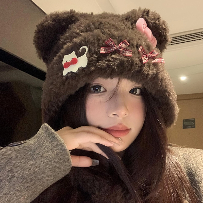 佩洛依 秋冬必备 小熊耳朵蝴蝶结套头 保暖甜美显脸小可爱时尚小众学生百搭 涤纶 绒线帽 男女同款情侣款
