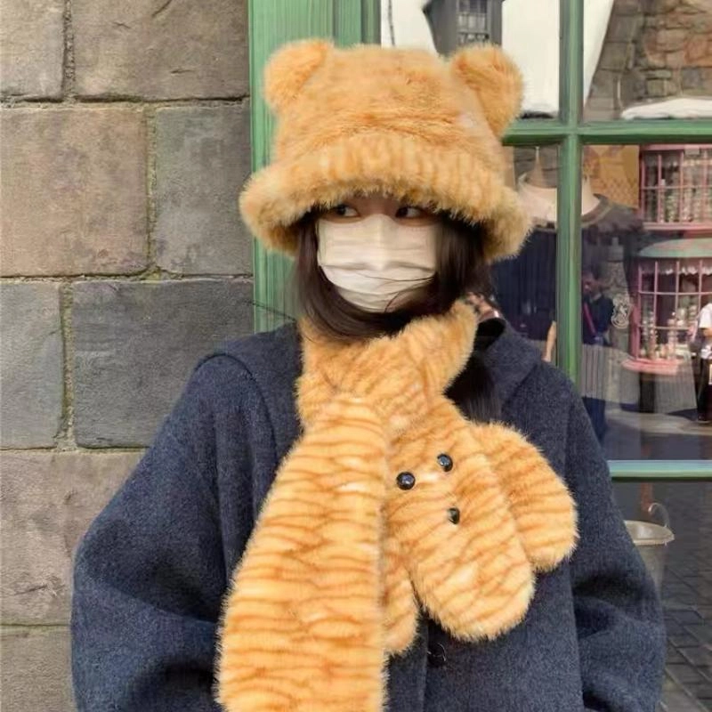 佩洛依 虎头虎脑 秋冬季雪山拍照百搭防风毛绒帽 可爱小熊耳朵 防寒保暖卡通 涤纶 渔夫帽 男女同款情侣款