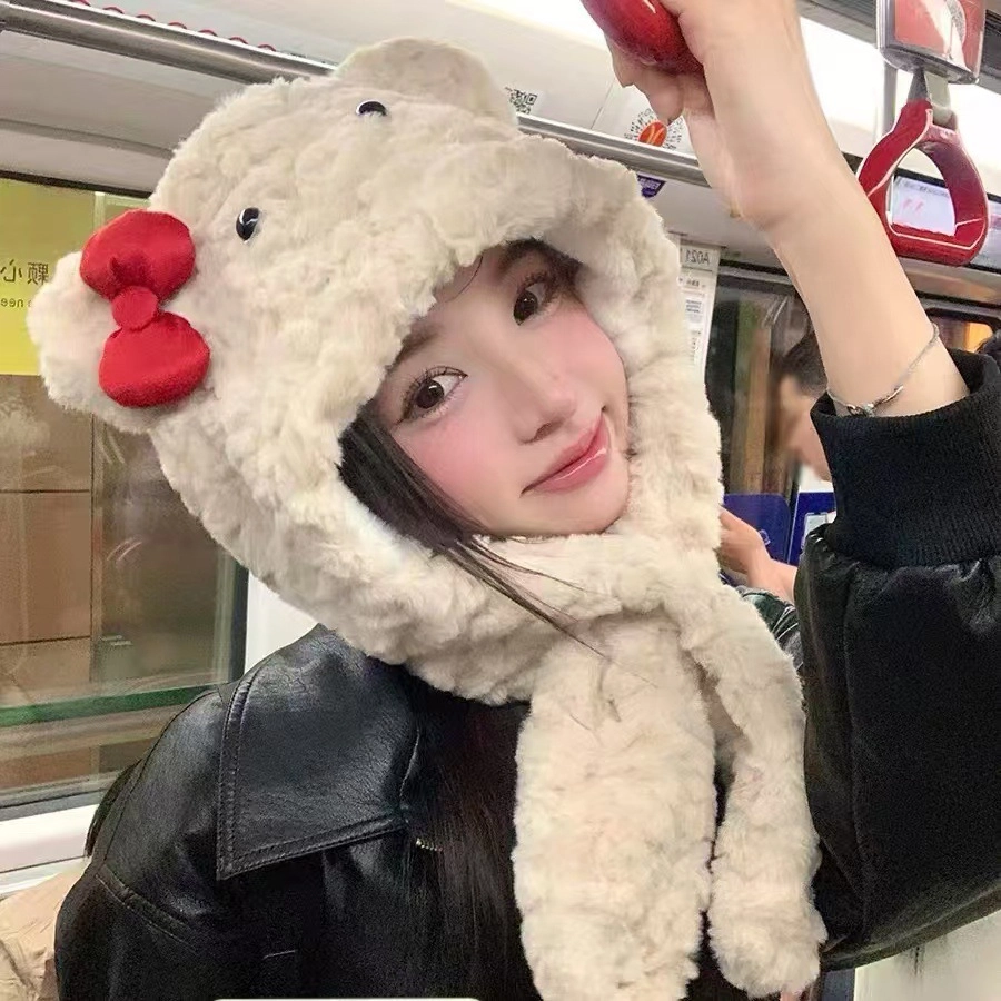 【小熊模拟器】 佩洛依 降温围脖一体蝴蝶结可爱甜美保暖时尚 聚酯纤维 绒线帽 男女同款情侣款