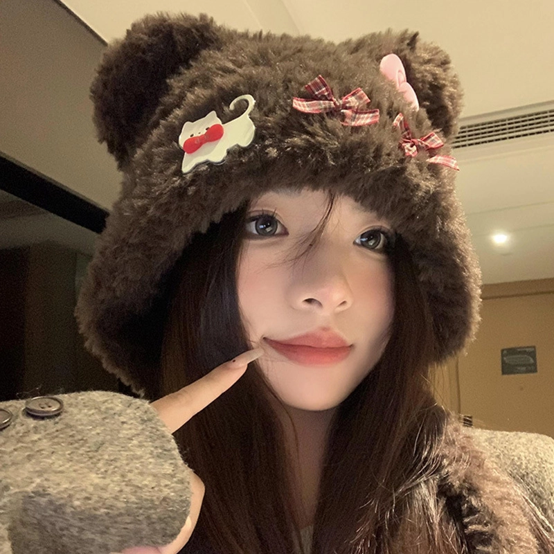佩洛依 秋冬必备 小熊耳朵蝴蝶结套头 保暖甜美显脸小可爱时尚小众学生百搭 涤纶 绒线帽 男女同款情侣款