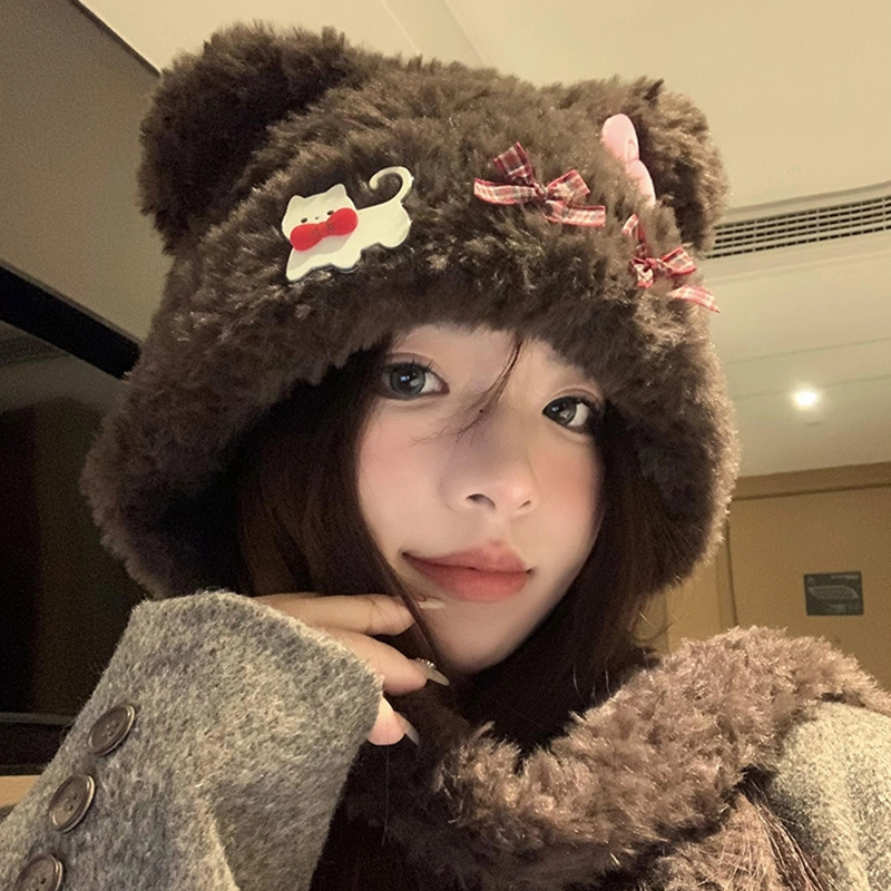 佩洛依 秋冬必备 小熊耳朵蝴蝶结套头 保暖甜美显脸小可爱时尚小众学生百搭 涤纶 绒线帽 男女同款情侣款