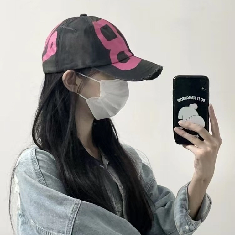 佩洛依 美式复古做旧印花水洗破洞遮阳时尚百搭大头围显脸小 涤纶 鸭舌帽 男女同款情侣款