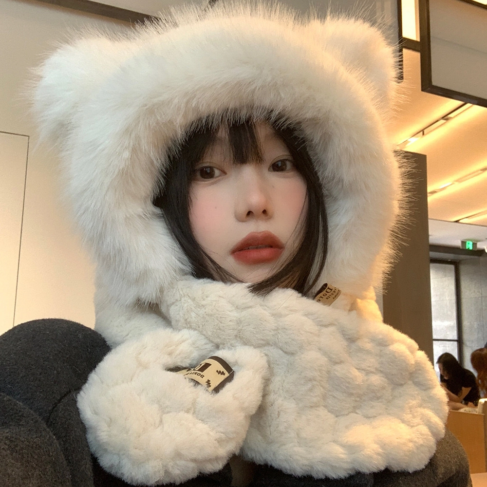 佩洛依 小熊毛绒显脸小防寒加厚保暖护耳 涤纶 斗篷帽 男女同款情侣款 白色/米色/卡其色