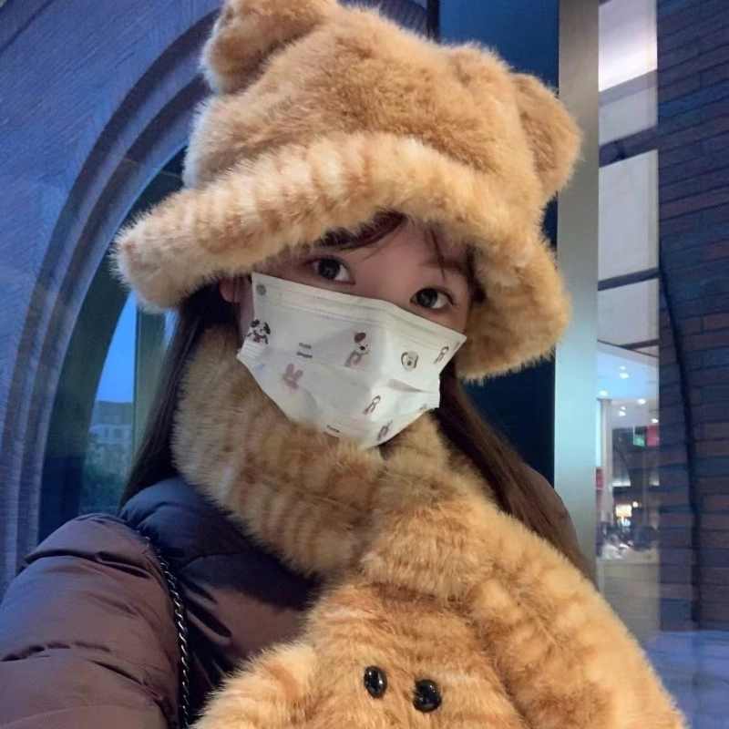 佩洛依 虎头虎脑 秋冬季雪山拍照百搭防风毛绒帽 可爱小熊耳朵 防寒保暖卡通 涤纶 渔夫帽 男女同款情侣款