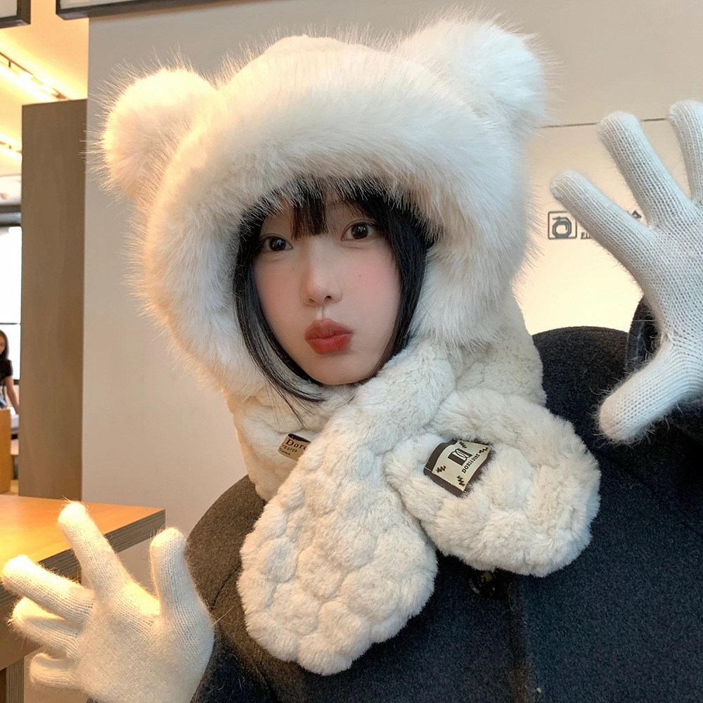 佩洛依 小熊毛绒显脸小防寒加厚保暖护耳 涤纶 斗篷帽 男女同款情侣款 白色/米色/卡其色