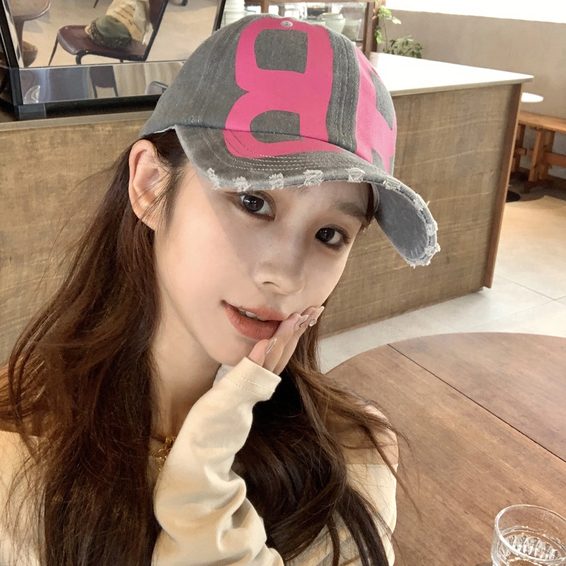 佩洛依 美式复古做旧印花水洗破洞遮阳时尚百搭大头围显脸小 涤纶 鸭舌帽 男女同款情侣款