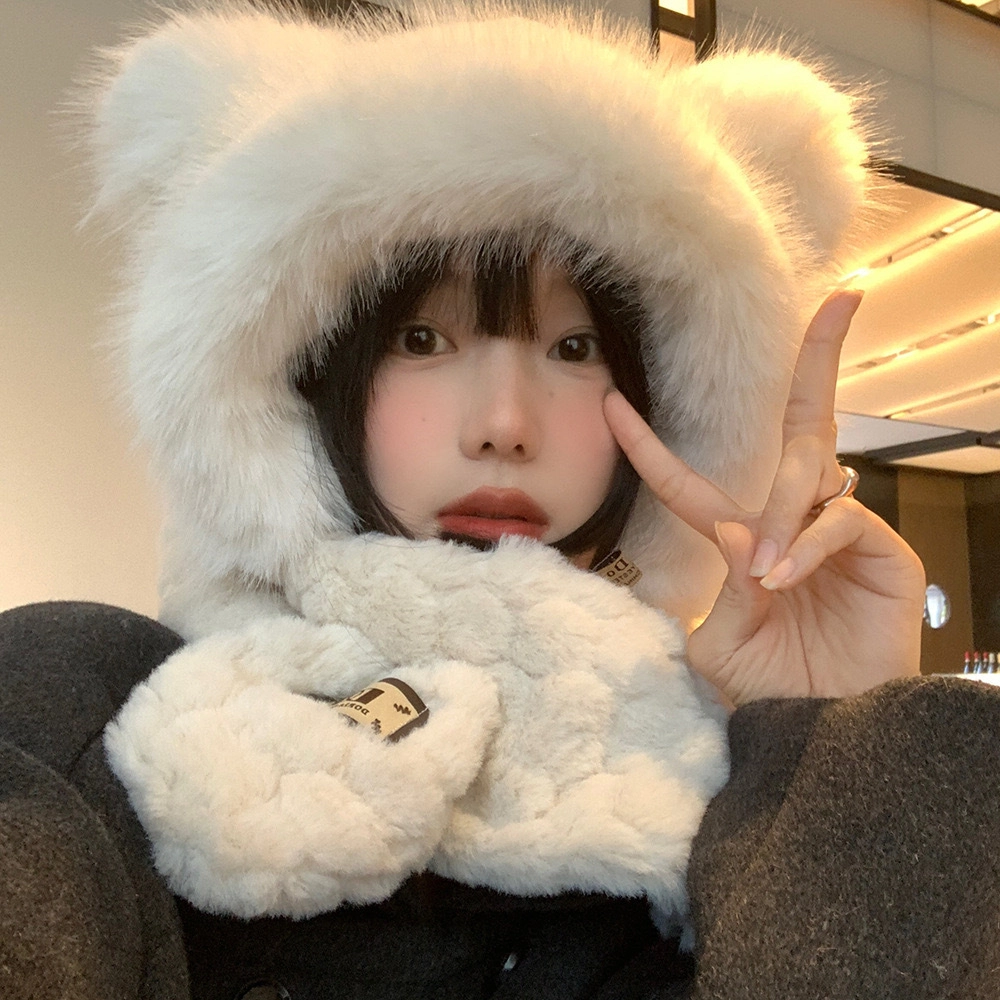 佩洛依 小熊毛绒显脸小防寒加厚保暖护耳 涤纶 斗篷帽 男女同款情侣款 白色/米色/卡其色