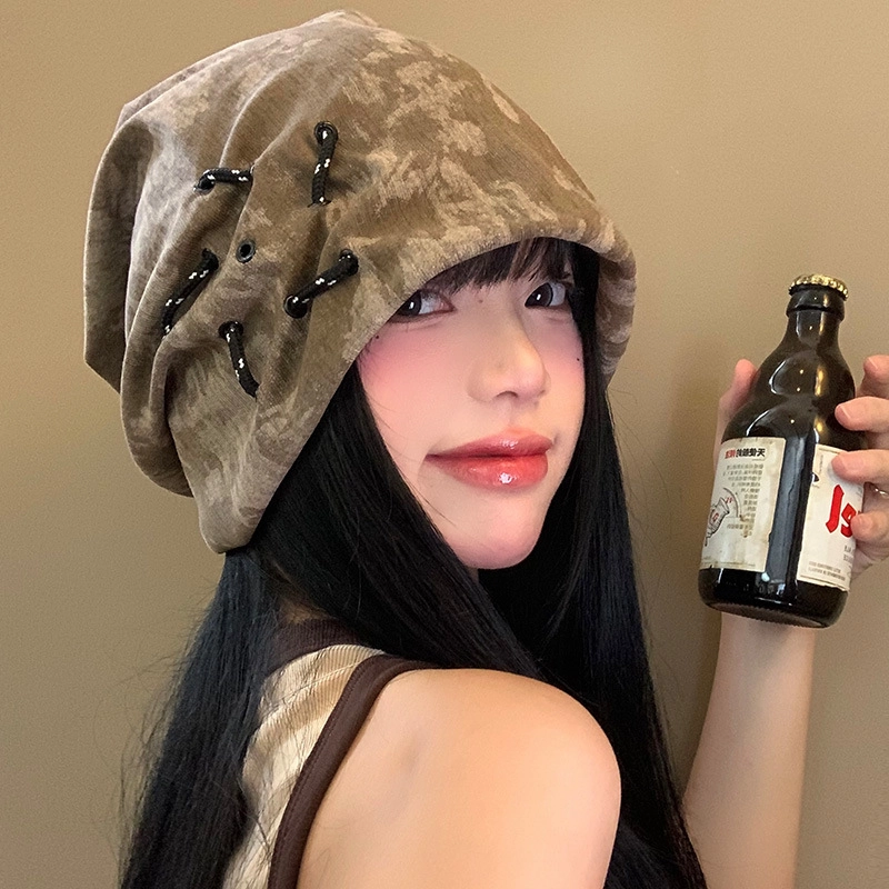 佩洛依 秋冬必备美式复古抽绳扎染秋冬款宽松显脸小百搭大头围 涤纶 绒线帽 男女同款情侣款
