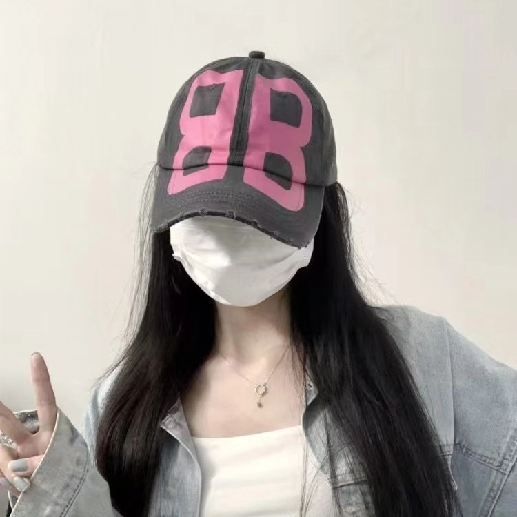佩洛依 美式复古做旧印花水洗破洞遮阳时尚百搭大头围显脸小 涤纶 鸭舌帽 男女同款情侣款