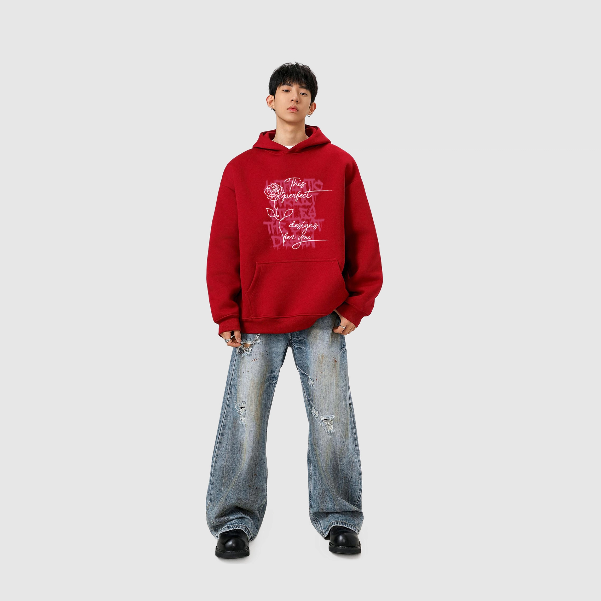 棉基因 早秋浪漫涂鸦手绘玫瑰潮流男生帽子高街潮牌经典国潮辣妹韩系女潮男青少年复古男装户外通勤慵懒风基础款打底连帽卫衣 男女同款