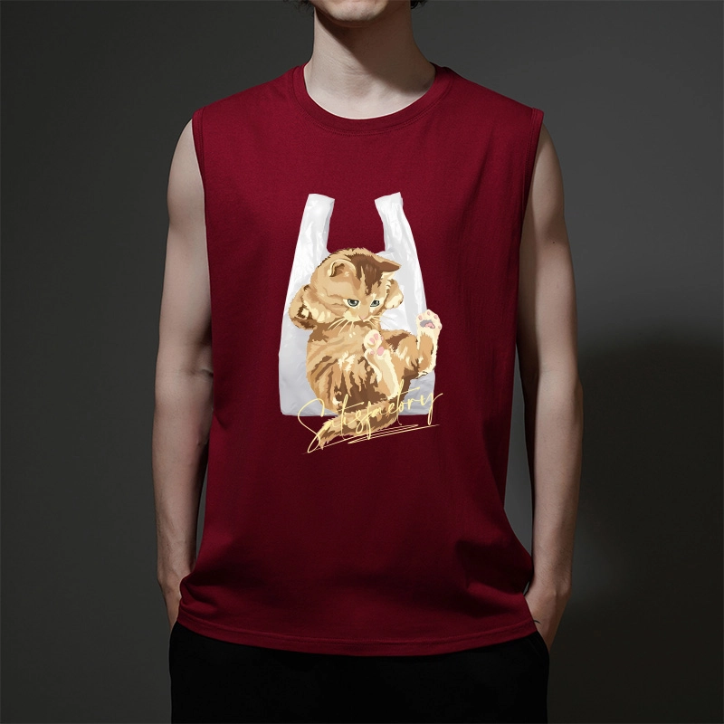 棉基因 夏季宽松圆领纯棉外穿小猫主题打底衫篮球运动数字趣味动物创意猫咪印花无袖坎肩背心 男女同款