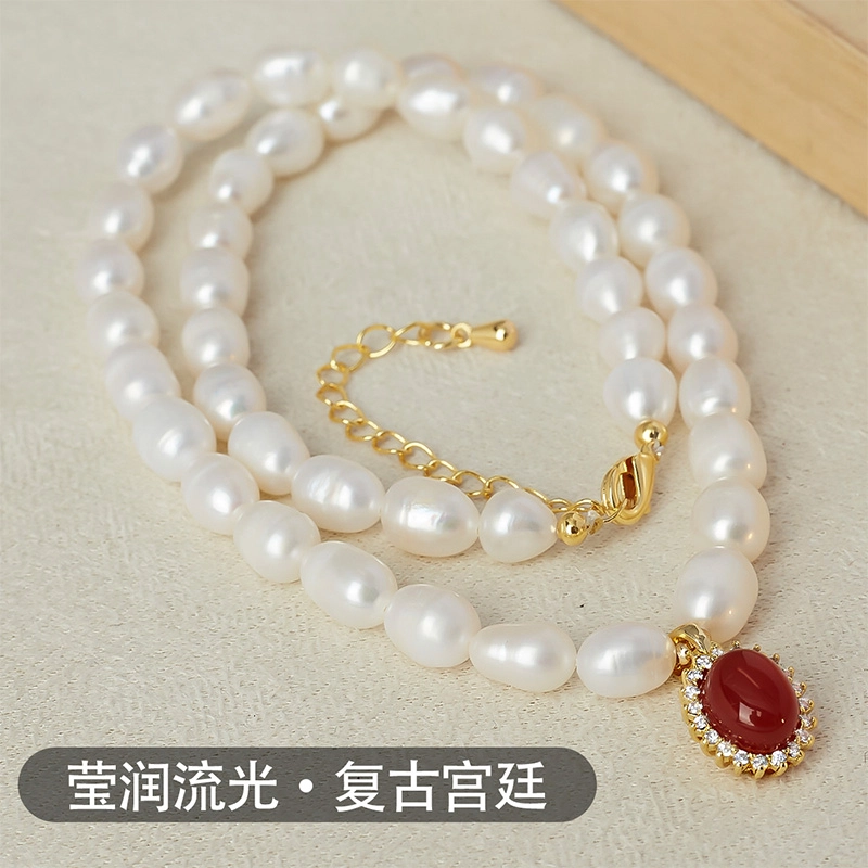 品彩 红色新年圣诞锁骨链  百搭高级感 复古秋冬 显年轻小众设计 淡水珍珠 项链 女款