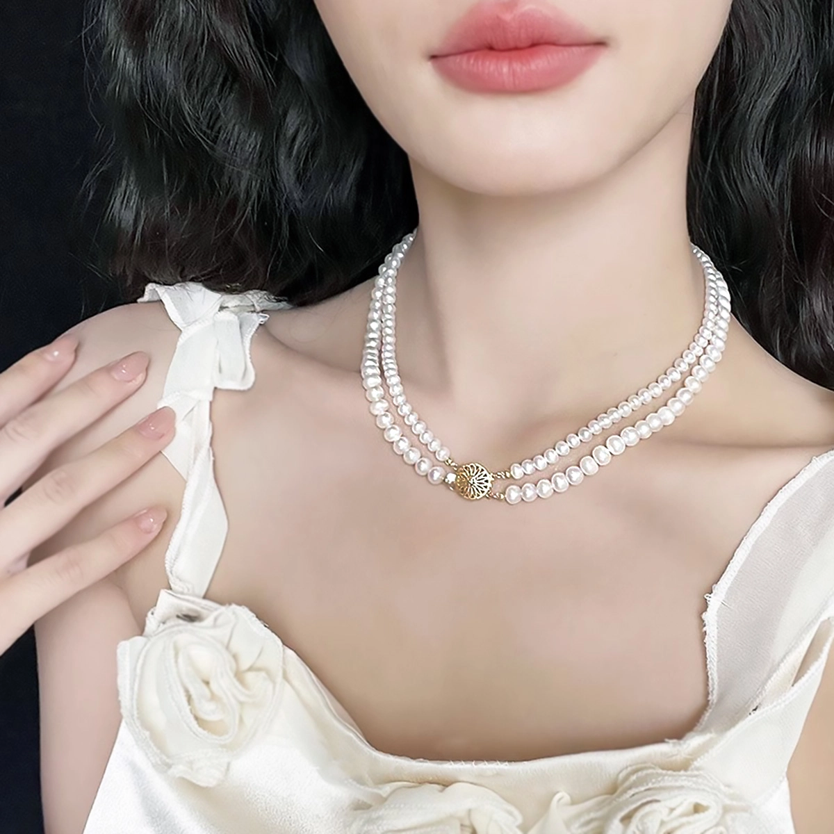 品彩 高级感双层叠戴锁骨链 轻奢气质年轻 淡水珍珠 项链 女款