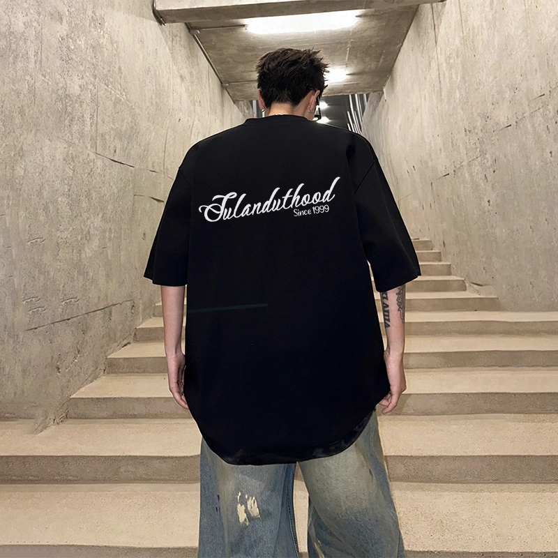 图兰朵 手绘艺术字母美式速干纯棉重磅基础款简约通勤百搭舒适亲肤柔软圆领套头休闲运动潮流短袖宽松潮牌正肩浅色减龄打底衣 男女同款