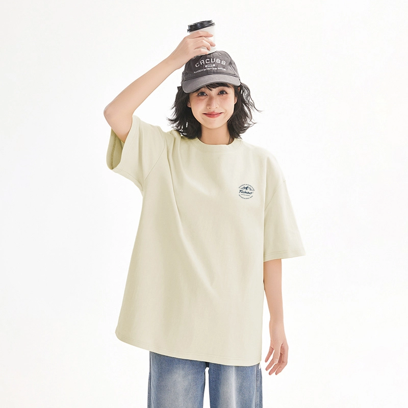 图兰朵 美式速干纯棉重磅基础款雪山字母简约通勤百搭舒适亲肤柔软圆领套头休闲运动时尚潮流短袖宽松潮牌正肩浅色打底衣 男女同款