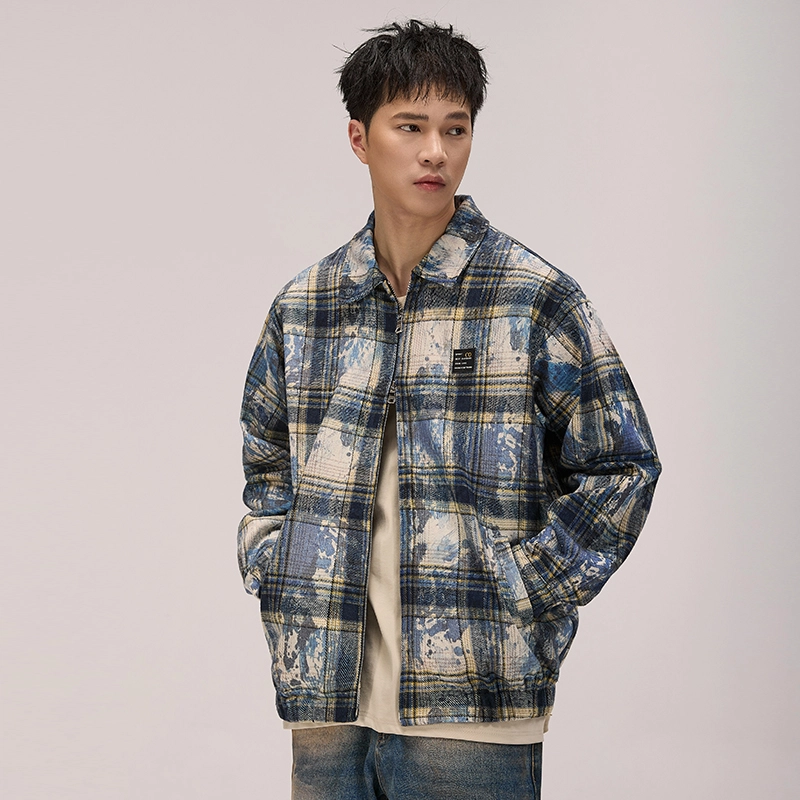 希越 美式复古格纹磨毛水墨晕染做旧潮牌夹克 男款