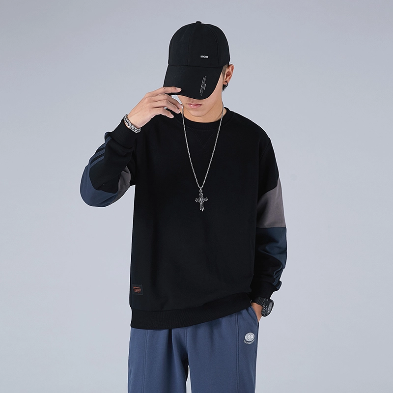 希越 设计感撞色拼接男宽松加肥加大运动衣服圆领外套大码卫衣 男款
