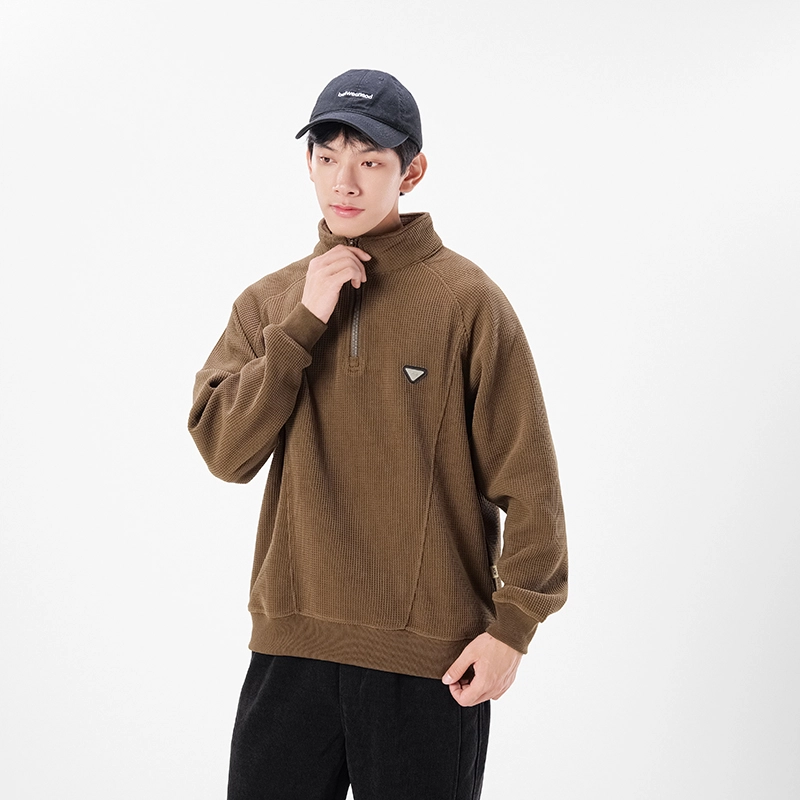 希越 秋冬美式重磅复古半拉链立领宽松潮流纯色套头卫衣 男款