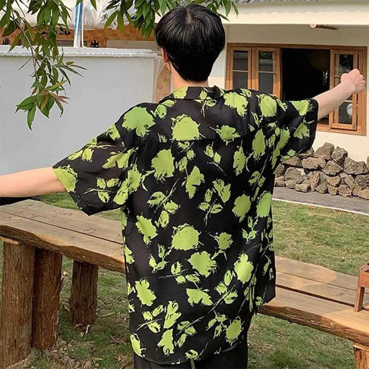 寻星记 美式复古花卉满印冰丝垂感慵懒度假风痞帅宽松百搭夏季短袖衬衣衬衫 男女同款