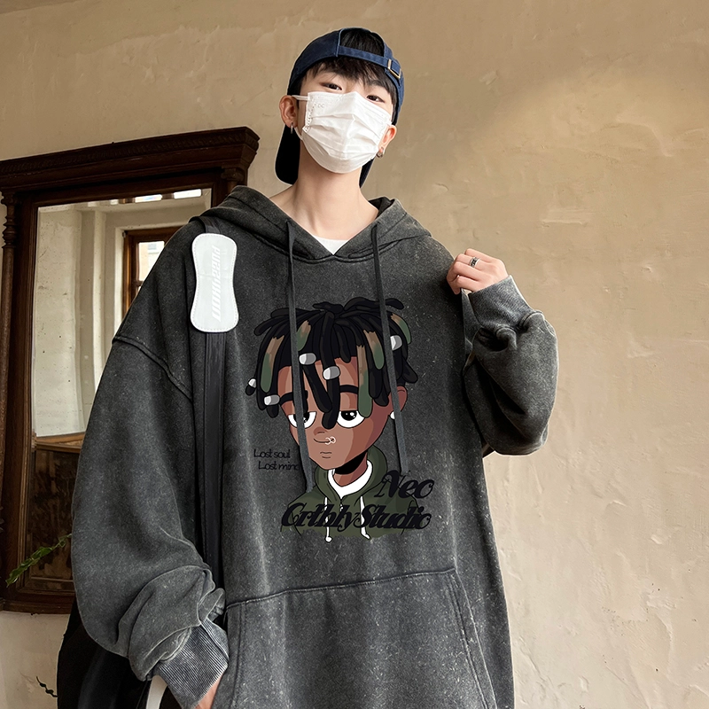 极限涡轮 潮牌脏辫孩印花连帽重磅宽松水洗做旧卫衣 男女同款