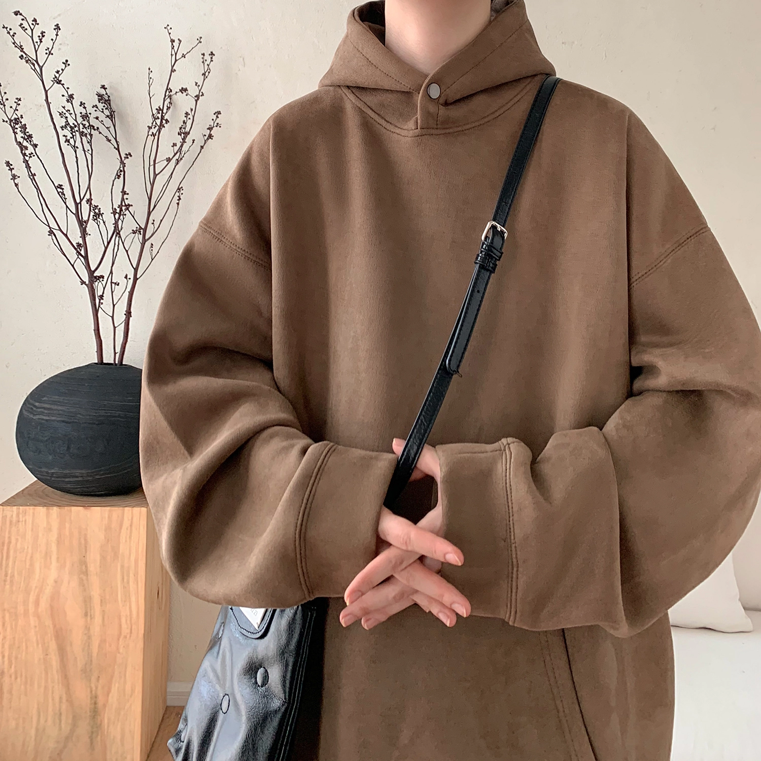 极限涡轮 重磅潮牌美式复古连帽麂皮纯色嘻哈街头休闲百搭卫衣 男女同款 黑色