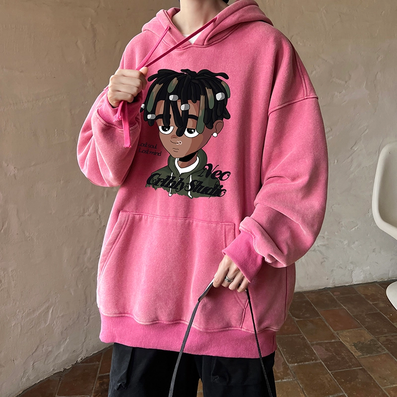 极限涡轮 潮牌脏辫孩印花连帽重磅宽松水洗做旧卫衣 男女同款