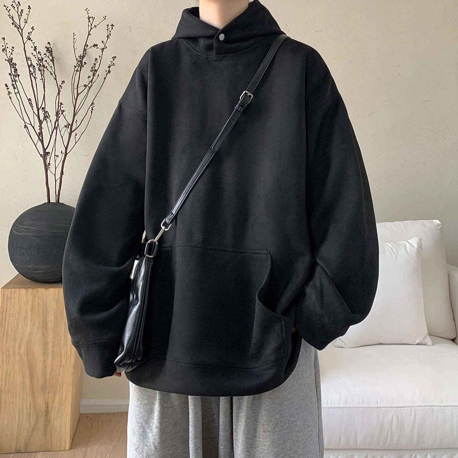 极限涡轮 重磅潮牌美式复古连帽麂皮纯色嘻哈街头休闲百搭卫衣 男女同款 黑色