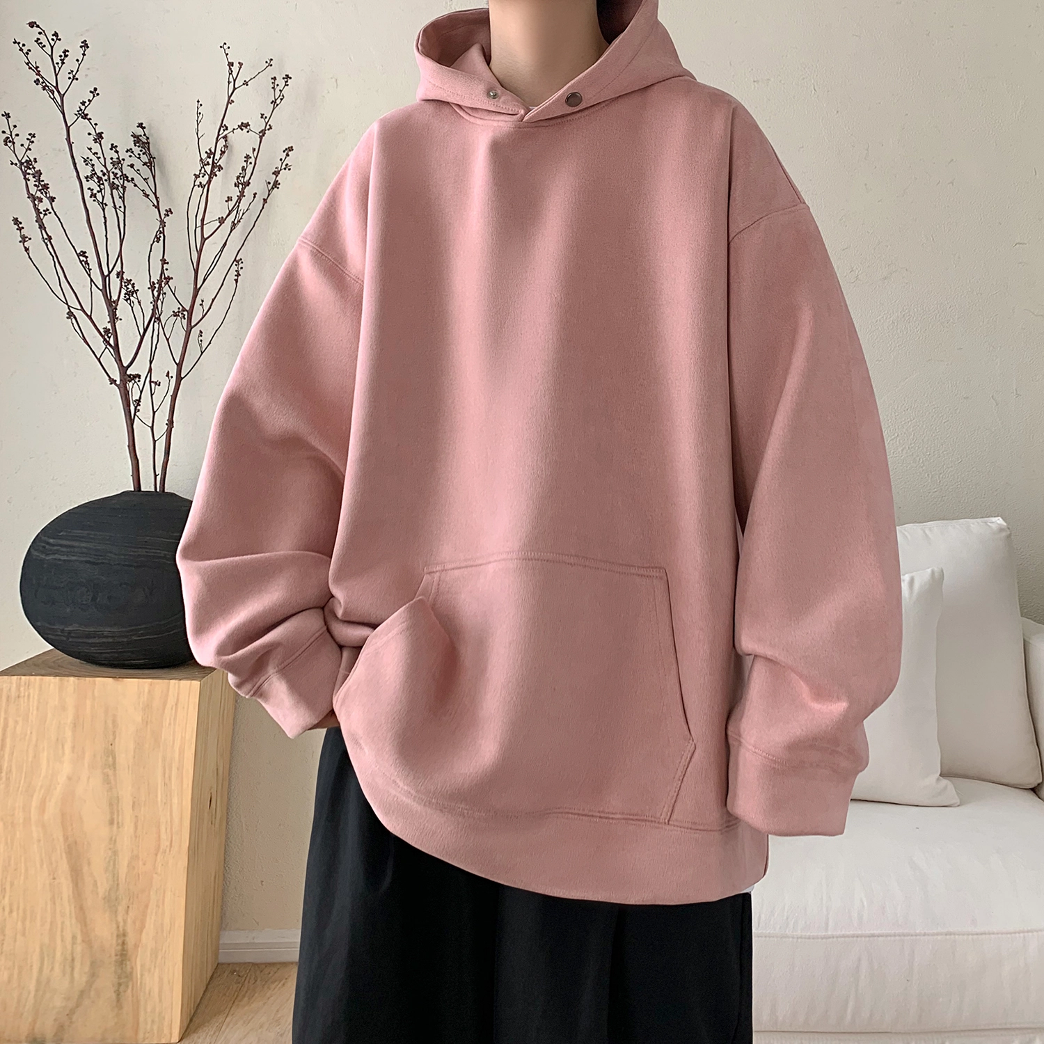极限涡轮 重磅潮牌美式复古连帽麂皮纯色嘻哈街头休闲百搭卫衣 男女同款 黑色