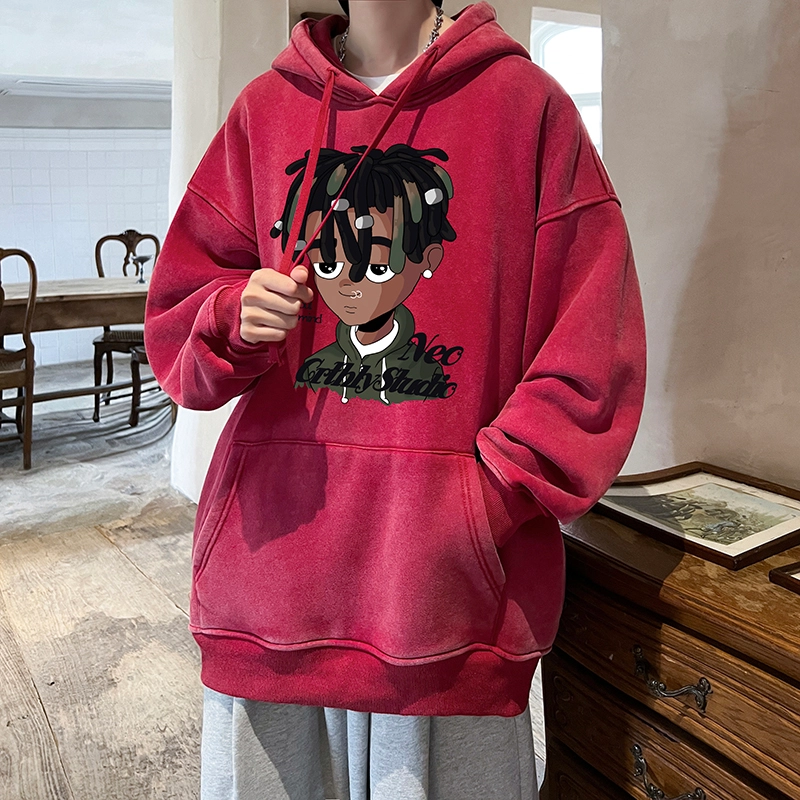 极限涡轮 潮牌脏辫孩印花连帽重磅宽松水洗做旧卫衣 男女同款