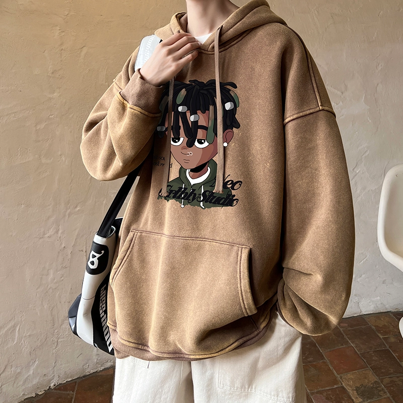 极限涡轮 潮牌脏辫孩印花连帽重磅宽松水洗做旧卫衣 男女同款