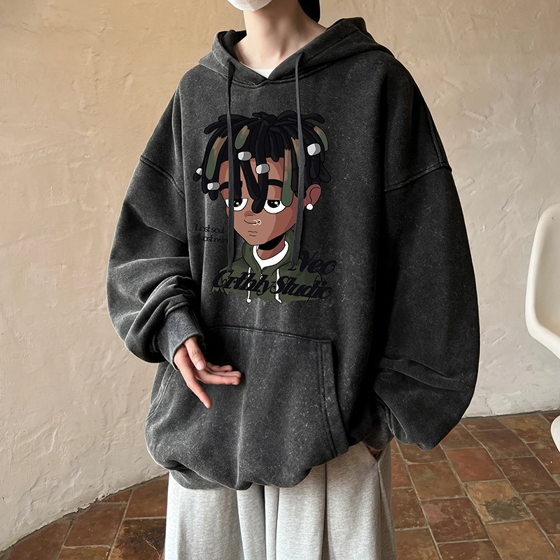极限涡轮 潮牌脏辫孩印花连帽重磅宽松水洗做旧卫衣 男女同款