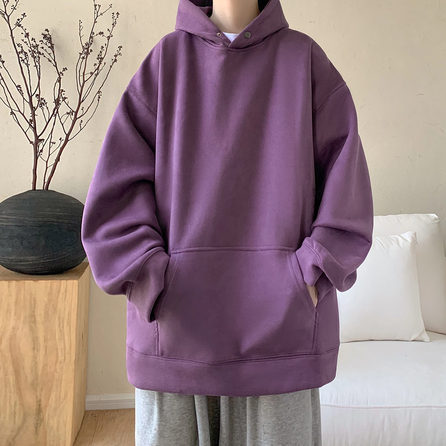极限涡轮 重磅潮牌美式复古连帽麂皮纯色嘻哈街头休闲百搭卫衣 男女同款 黑色