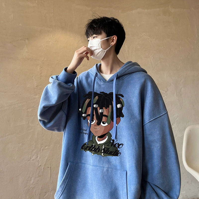 极限涡轮 潮牌脏辫孩印花连帽重磅宽松水洗做旧卫衣 男女同款
