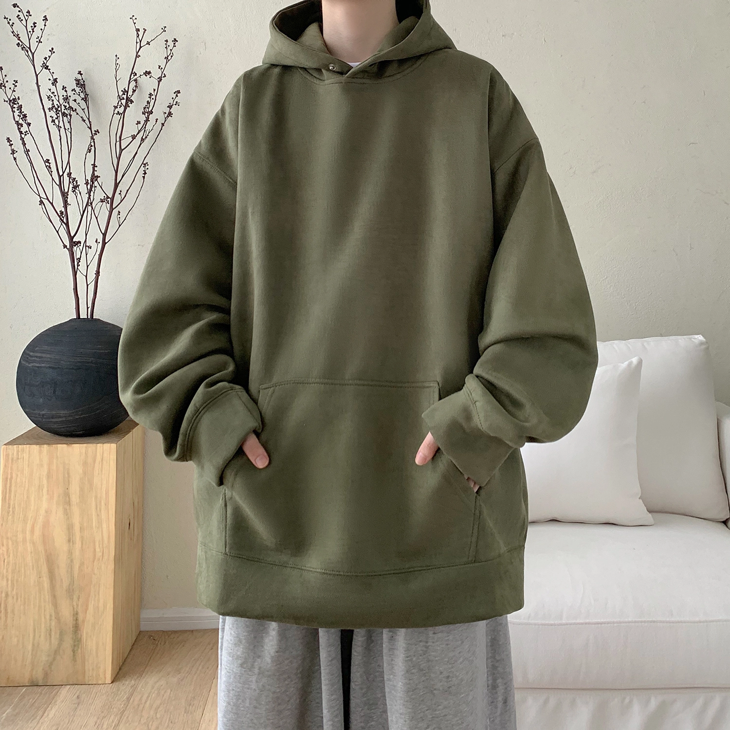 极限涡轮 重磅潮牌美式复古连帽麂皮纯色嘻哈街头休闲百搭卫衣 男女同款 黑色