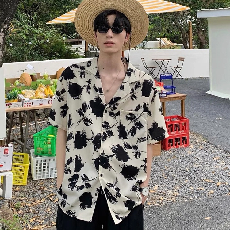 寻星记 美式复古花卉满印冰丝垂感慵懒度假风痞帅宽松百搭夏季短袖衬衣衬衫 男女同款