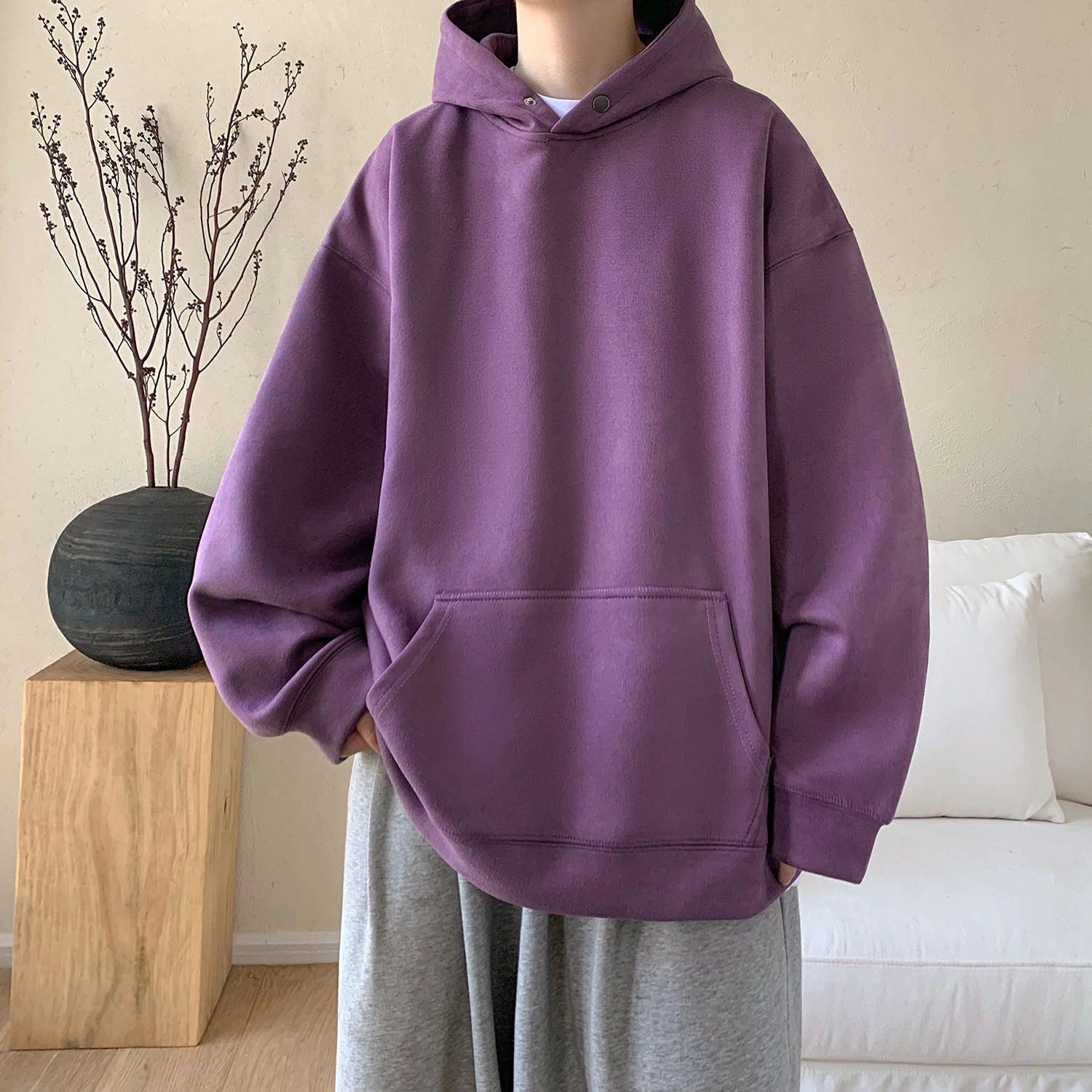 极限涡轮 重磅潮牌美式复古连帽麂皮纯色嘻哈街头休闲百搭卫衣 男女同款 黑色