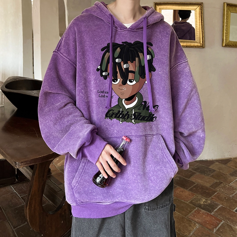 极限涡轮 潮牌脏辫孩印花连帽重磅宽松水洗做旧卫衣 男女同款