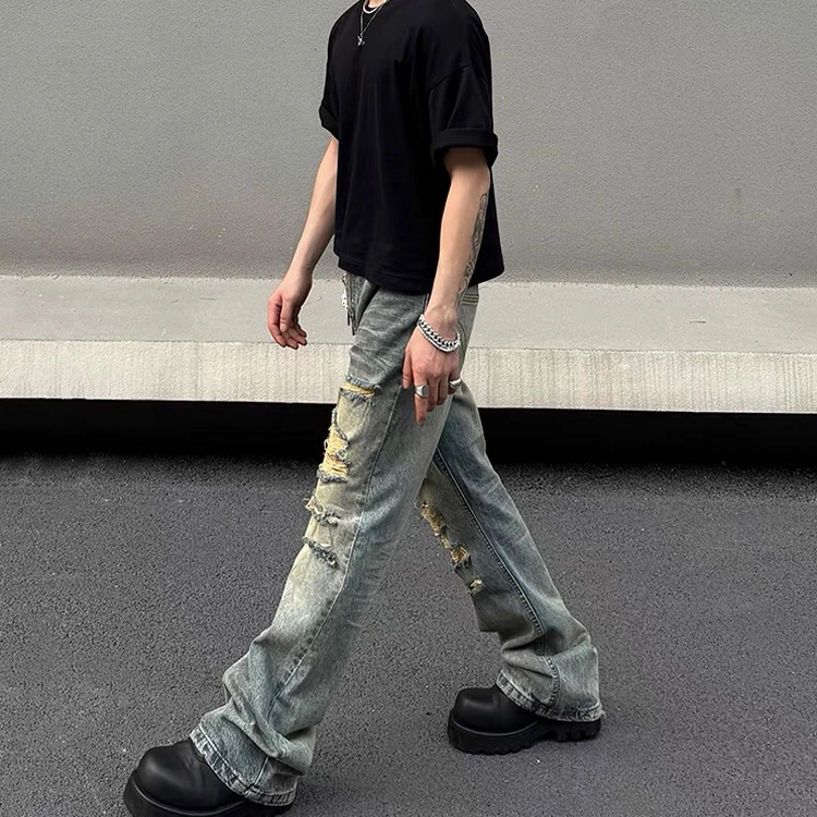 极限涡轮 美式高街破洞直筒牛仔裤 男女同款