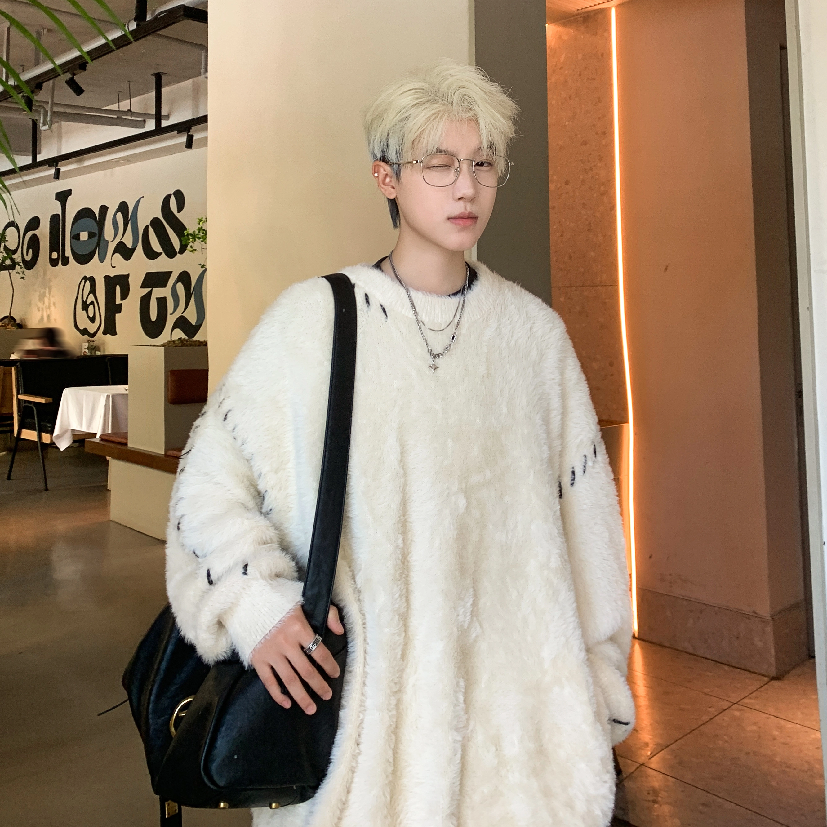极限涡轮 美式复古百搭慵懒风撞色貂毛厚款宽松休闲圆领套头时尚纯色潮流长袖针织衫 男女同款
