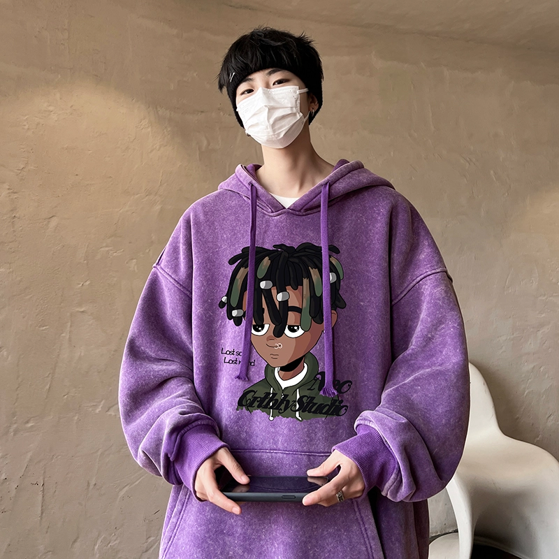 极限涡轮 潮牌脏辫孩印花连帽重磅宽松水洗做旧卫衣 男女同款