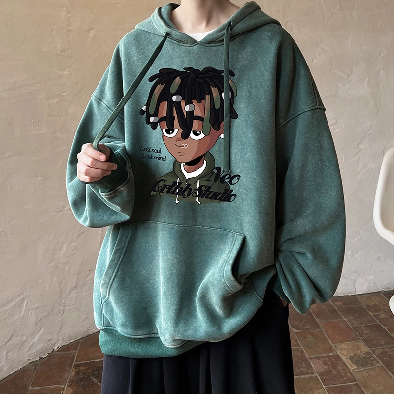 极限涡轮 潮牌脏辫孩印花连帽重磅宽松水洗做旧卫衣 男女同款